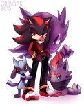  1boy alternate_costume animal_ears artist_name black_hair black_pants blue_eyes bracelet chewing_gum closed_mouth commentary crossover dated english_commentary floating full_body furry gen_1_pokemon gen_4_pokemon gen_5_pokemon ghost half-closed_eyes hands_in_pockets happy haunter jewelry long_sleeves looking_at_viewer male_focus multicolored_footwear multicolored_hair pants poke_ball_theme pokemon pokemon_(creature) purple_eyes red_eyes red_hair red_shirt red_vest riolu shadow_the_hedgehog sharp_teeth shirt shoes simple_background sitting smile sonic_the_hedgehog spacecolonie spiked_bracelet spikes standing teeth two-tone_hair vest watermark white_background zorua 