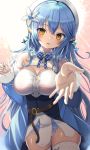  1girl absurdres azumi_(mocha) beret blue_hair blush breasts cleavage flower hair_flower hair_ornament hat highres hololive huge_filesize large_breasts looking_at_viewer nail_polish pointy_ears reaching_out ribbon solo thighs virtual_youtuber yellow_eyes yukihana_lamy 