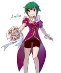  1girl asellus_(saga_frontier) bike_shorts breasts closed_mouth dress flower green_hair looking_at_viewer red_flower red_rose rose saga saga_frontier short_hair simple_background smile solo surume_(surume_8738) white_background white_flower 