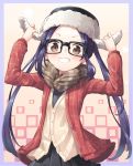 1girl arms_up bangs black-framed_eyewear black_headwear black_shirt black_skirt border brown_eyes brown_jacket brown_scarf commentary_request forehead fur-trimmed_headwear glasses grin jacket long_hair long_sleeves looking_at_viewer nano_(mianhua_maoqiu) oogaki_chiaki open_clothes open_jacket parted_bangs pleated_skirt purple_border purple_hair red_jacket scarf shirt skirt smile solo twintails very_long_hair yurucamp 