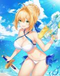  0v0_(l_seohui) 1girl :d absurdres ahoge artoria_pendragon_(all) artoria_pendragon_(swimsuit_archer) bare_arms bare_shoulders bikini blonde_hair blue_sky braid braided_bun breasts cleavage cloud cowboy_shot criss-cross_halter day dual_wielding excalibur fate/grand_order fate_(series) green_eyes hair_intakes halterneck highres holding holding_sword holding_weapon large_breasts long_hair looking_at_viewer navel open_mouth outdoors side-tie_bikini sidelocks sky smile solo stomach sunlight swimsuit sword thighs tied_hair water_gun weapon white_bikini 