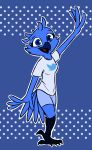  absurd_res anthro avian beak bird blue_background blue_body blue_eyes blue_feathers bottomwear clothing feathers female full-length_portrait hi_res meme open_mouth open_smile portrait shirt shorts simple_background smile solo t-shirt theblueberrycarrots topwear tweetfur twitter 