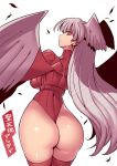  1girl ass breasts final_fantasy final_fantasy_tactics head_wings highleg highleg_leotard highres large_breasts leotard long_hair looking_at_viewer red_legwear red_leotard silver_hair simple_background solo thighhighs tsuki_wani ultima_(fft) white_background wings 