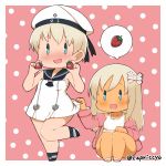  2girls bare_legs blonde_hair blue_eyes blush capriccyo chibi clothes_writing commentary_request dress dress_lift food fruit hair_ornament hair_ribbon hat hat_ribbon kantai_collection leg_up long_hair multiple_girls nose_blush one-piece_tan open_mouth polka_dot polka_dot_background ribbon ro-500_(kantai_collection) sailor_collar sailor_dress sailor_hat short_hair smile standing standing_on_one_leg strawberry swimsuit swimsuit_under_clothes tan tanline white_dress z1_leberecht_maass_(kantai_collection) 