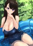  1girl bangs bare_shoulders black_hair blue_eyes blue_swimsuit blush breasts cleavage collarbone highres hose large_breasts long_hair looking_at_viewer one-piece_swimsuit original school_swimsuit smile swimsuit thighs untue wading_pool water 