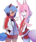  2girls animal_ears blue_hair brand_new_animal closed_mouth cosplay fox_ears fox_girl fox_tail furry green_eyes hair_between_eyes hands_in_pockets highres hiwatashi_nazuna hoyon jacket kagemori_michiru kagemori_michiru_(cosplay) long_hair looking_at_viewer multicolored_hair multiple_girls open_clothes open_jacket pink_hair raccoon_ears raccoon_girl raccoon_tail red_eyes red_shorts shorts simple_background smile tail translation_request two-tone_hair white_background 