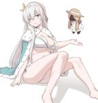  1girl anastasia_(fate/grand_order) bangs bikini blue_eyes blush breasts cleavage cloak doll fate/grand_order fate_(series) hair_over_one_eye hairband knees_up large_breasts long_hair looking_at_viewer navel shiseki_hirame silver_hair simple_background sitting swimsuit tongue tongue_out viy white_background white_bikini 