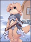  animal_skin anthro blasticussaturn blonde_hair blue_eyes bow_(weapon) canid canine canis clothing domestic_dog female hair hi_res japanese_kobold looking_at_viewer mammal panties ranged_weapon short_hair signature snow solo underwear weapon 