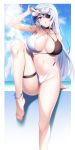  1girl absurdres arm_support bangs bare_shoulders barefoot bikini blush breasts choker cleavage cosplay day eyepatch eyewear_on_head groin hand_up highres infinite_stratos knee_up large_breasts laura_bodewig long_hair looking_at_viewer navel open_mouth outdoors raiou red_eyes silver_hair sitting solo sunglasses swimsuit thigh_strap thighs tosa_(hometown_zest)_(azur_lane) tosa_(hometown_zest)_(azur_lane)_(cosplay) very_long_hair wristband 