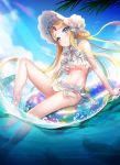  1girl abigail_williams_(fate/grand_order) abigail_williams_(swimsuit) absurdres bangs bare_shoulders bikini blonde_hair blue_eyes blue_sky bonnet bow braid breasts fate/grand_order fate_(series) forehead hair_bow hair_rings highres innertube keyhole knee_up legs long_hair miniskirt navel ocean parted_bangs peter_(will100sss) sidelocks skirt sky small_breasts swimsuit twin_braids twintails very_long_hair white_bikini white_bow white_headwear 