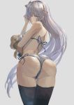  1girl anastasia_(fate/grand_order) ass back bangs bare_shoulders bikini black_legwear blue_eyes blush breasts closed_mouth doll fate/grand_order fate_(series) hair_over_one_eye hairband highres holding holding_doll large_breasts long_hair looking_at_viewer looking_back silver_hair simple_background swimsuit thighhighs thighs uutan_(shibainu_kakumei) viy white_bikini 