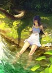  1girl arm_support bare_arms bare_legs bare_shoulders barefoot breasts cleavage closed_eyes closed_mouth collarbone day dress full_body grass highres leaning_back long_hair on_ground original outdoors plant purple_hair rock shimotsuki_eight shore sleeveless sleeveless_dress small_breasts smile soaking_feet solo sundress very_long_hair water white_dress 
