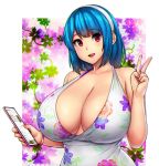  1girl bangs blue_hair breasts cellphone cleavage dress english_commentary erkaz floral_background floral_print highres holding holding_phone huge_breasts looking_to_the_side original phone red_eyes rina_atherina short_hair smartphone solo v 