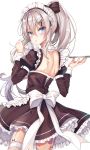  1girl 9a-91_(girls_frontline) absurdres back blue_eyes blush bow_dress eyebrows_visible_through_hair girls_frontline grey_hair hair_between_eyes hair_ribbon hairband highres long_hair looking_at_viewer maid maid_dress maid_headdress ponytail ribbon so_myeolchi solo thighhighs white_background white_legwear 