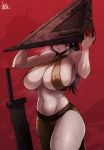  1girl absurdres bare_arms bare_shoulders blood bloody_hands breasts cleavage criss-cross_halter genderswap genderswap_(mtf) great_knife halterneck helmet highres jmg knife large_breasts long_hair monster muscle muscular_female pyramid_head shirtless side_slit silent_hill silent_hill_2 solo standing sweat sword thick_thighs thighs toned weapon 
