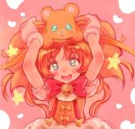  1girl :3 :d big_hair blue_eyes blush bow bowtie cure_mofurun dual_persona gloves haguhagu_(rinjuu_circus) hands_up head_tilt highres looking_at_viewer mahou_girls_precure! mofurun_(mahou_girls_precure!) open_mouth orange_hair pink_background precure red_neckwear smile solo star_(symbol) star_in_eye stuffed_animal stuffed_toy suspenders symbol_in_eye teddy_bear upper_body 