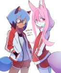  2girls animal_ears blue_hair brand_new_animal closed_mouth cosplay fox_ears fox_girl fox_tail furry green_eyes hair_between_eyes hands_in_pockets highres hiwatashi_nazuna hoyon jacket kagemori_michiru kagemori_michiru_(cosplay) long_hair looking_at_viewer multicolored_hair multiple_girls open_clothes open_jacket pink_hair raccoon_ears raccoon_girl raccoon_tail red_eyes red_shorts shorts simple_background smile tail translation_request two-tone_hair white_background 