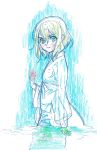  1girl bangs commentary_request eyebrows_visible_through_hair green_eyes green_hair gundam gundam_build_divers gundam_build_divers_re:rise japanese_clothes long_sleeves looking_at_viewer mukai_hinata nishida_asako official_art partially_submerged production_art serious sidelocks solo traditional_media wet wet_clothes wet_hair 