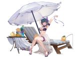  1girl ;d animal_ears arm_garter armpits arms_up azur_lane bare_legs beach_umbrella bikini bird black_hair breasts bucket cat_ears chair cheshire_(azur_lane) cheshire_(summery_date!)_(azur_lane) chick choker cleavage cup drinking_glass eyewear_on_head fake_animal_ears fang fishing fishing_rod highres large_breasts leg_garter looking_at_viewer lounge_chair manjuu_(azur_lane) multicolored_hair navel official_art one_eye_closed open_mouth purple_bikini sarong short_hair sitting slippers smile soda_bottle solo stomach streaked_hair sunglasses swimsuit table thighs transparent_background tropical_drink umbrella yyy_(zelda10010) 