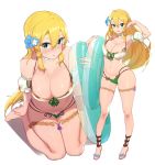  1girl armpits bare_shoulders bikini blonde_hair blush braid breasts chou_shippai-saku cleavage collarbone commentary_request flower full_body green_eyes hair_between_eyes hair_flower hair_ornament highres large_breasts leafa long_hair looking_at_viewer multiple_views navel open_mouth simple_background standing stomach swimsuit sword_art_online teeth thigh_strap thighs tongue white_background 