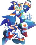  2boys animal_nose arm_cannon back-to-back commentary crossover drawloverlala english_commentary full_body fusion gloves helmet highres male_focus multiple_boys red_footwear rockman rockman_x shoes signature sneakers sonic sonic_the_hedgehog spikes thumbs_up transparent_background visor weapon white_gloves x_(rockman) 