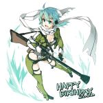  1girl anti-materiel_rifle aqua_eyes aqua_hair black_shorts breasts cropped_jacket green_jacket gun hair_ornament hairclip happy_birthday highres jacket open_mouth pgm_hecate_ii rifle scarf shikei shiny shiny_hair shiny_skin short_hair short_hair_with_long_locks shorts simple_background sinon small_breasts sniper_rifle solo standing sword_art_online weapon white_background 