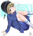  1boy blonde_hair buttons cable camera collared_jacket green_eyes hand_on_ground hat hat_ornament highres legs_up looking_to_the_side miyama_shaei raised school_uniform short_hair shorts signature simple_background socks to_aru_kagaku_no_railgun to_aru_majutsu_no_index toru_k white_legwear 