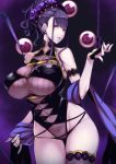  1girl armlet bangs bare_shoulders black_gloves black_legwear black_swimsuit blush breasts bug covered_navel eyeball fate/grand_order fate_(series) fingerless_gloves flower gloves hair_flower hair_ornament hair_up half_gloves highleg highleg_swimsuit highres large_breasts long_hair looking_at_viewer murasaki_shikibu_(fate) murasaki_shikibu_(swimsuit_rider)_(fate) nakamura_regura one-piece_swimsuit purple_eyes purple_hair shawl single_thighhigh smile spider spider_legs swimsuit thighhighs thighs tied_hair 