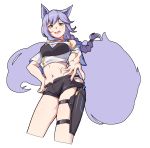  1girl :d absurdres animal_ears arknights bangs bare_shoulders black_shorts blz_buluozhang braid commentary crop_top cropped_legs fang hand_on_hip highres hip_vent holster large_tail long_hair looking_at_viewer midriff navel open_mouth provence_(arknights) purple_hair shirt short_shorts short_sleeves shorts simple_background smile solo standing stomach tail thigh_holster thighs white_background white_shirt wolf_ears wolf_tail yellow_eyes 