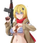  1girl as_val as_val_(girls_frontline) assault_rifle barrette blonde_hair blue_eyes blush breasts brown_jacket cleavage cyka eyebrows_visible_through_hair girls_frontline glasses gun hair_between_eyes hand_on_weapon holding holding_weapon jacket long_hair looking_down medium_breasts navel open_clothes open_jacket red_scarf rifle russian_flag scarf solo stomach stuffed_animal stuffed_toy teddy_bear weapon white_background 