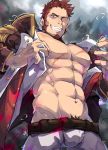  1boy abs alu379 bara beard belt blue_eyes brown_hair chest commentary_request epaulettes facial_hair fate/grand_order fate_(series) highres long_sleeves looking_at_viewer male_focus military military_uniform muscle napoleon_bonaparte_(fate/grand_order) nipples open_clothes open_shirt pants pectorals rain scar smile solo teeth uniform water_drop 