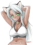  1girl ahoge animal_ears armpits arms_behind_head arms_up bare_arms bare_shoulders bell bell_choker black_choker breasts cat_ears choker cleavage closed_mouth copyright_request crop_top dark_skin ebifly eyebrows_visible_through_hair fang fang_out green_eyes hands_in_hair jingle_bell large_breasts long_hair looking_at_viewer navel silver_hair simple_background slit_pupils smile solo twitter_username upper_body white_background 