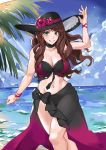  1girl artist_name beach blue_sky breasts brown_hair cleavage cloud day dorothea_arnault earrings fire_emblem fire_emblem:_three_houses fire_emblem_heroes flower green_eyes hat hat_flower highres jewelry long_hair oliver_koito outdoors sky solo swimsuit water 