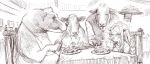  1girl animal blush bosako_(haguhagu) brown_theme butler chair closed_eyes clothed_animal cow crying eating fork haguhagu_(rinjuu_circus) holding holding_fork horns long_hair monochrome original plate restaurant sitting sketch snot solo table tears tray 