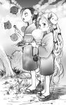  2girls :t blush bosako_(haguhagu) bow clog_sandals dango food from_side greyscale haguhagu_(rinjuu_circus) hair_bow highres horns japanese_clothes kimono long_hair looking_at_viewer monochrome multiple_girls obi open_mouth original sandals sash standing very_long_hair wagashi 