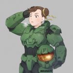  1girl brown_eyes brown_hair chun-li commentary cosplay double_bun english_commentary grey_background hair_ribbon halo_(game) headwear_removed heavy_breathing helmet helmet_removed master_chief master_chief_(cosplay) power_armor quasimodox ribbon short_hair solo street_fighter street_fighter_zero_(series) sweat 