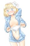  1girl alice_margatroid arnest bangs bikini bikini_bottom blonde_hair blue_eyes blue_hoodie blush bow breasts breasts_apart collarbone embarrassed eyebrows_visible_through_hair hair_bow hairband highres holding holding_bikini_bottom hood hoodie jacket large_breasts long_sleeves looking_at_viewer naked_hoodie navel nose_blush open_clothes open_jacket short_hair smile sweatdrop swimsuit thighs touhou unzipped white_background white_bikini white_bow white_swimsuit 
