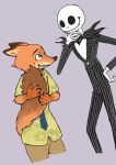  2019 anthro bottomwear canid canine clothed clothing crossover disney disney_kogaki duo fox fully_clothed fur holding_tail jack_skellington looking_at_another male mammal necktie nervous_smile nick_wilde orange_body orange_fur pants purple_background red_fox shirt simple_background suit topwear zootopia 
