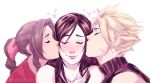  1boy 2girls aerith_gainsborough bisexual_(female) black_hair blonde_hair blush braid braided_ponytail brown_hair cheek_kiss closed_eyes cloud_strife final_fantasy final_fantasy_vii final_fantasy_vii_remake heart kathryn_layno kiss long_hair multiple_girls ponytail smile tifa_lockhart turtleneck upper_body 