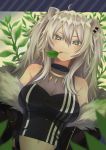  1girl absurdres ahoge animal_ears bare_shoulders blush breasts earrings fang fang_out fur-trimmed_jacket fur_trim gfpebs grey_eyes grey_hair hair_between_eyes highres hololive jacket jewelry large_breasts leaf lion_ears lion_girl long_hair looking_at_viewer midriff mouth_hold necklace open_mouth shirt shishiro_botan sleeveless sleeveless_shirt solo virtual_youtuber 
