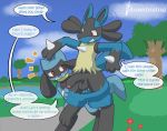  ambiguous_gender anthro assisted_exposure baby_pok&eacute;mon balls clothing dialogue duo embarrassed embarrassed_nude_exposure english_text exposed exposing flower genitals grass hi_res humanoid_genitalia humanoid_penis imminent_sex lucario male nintendo nude outside pantsing park penis plant pok&eacute;mon pok&eacute;mon_(species) public questionable_consent riolu rvlis speech_bubble text tree undressing video_games water 