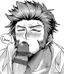  2boys bar_censor blush censored chest close-up closed_eyes collar erection facial_hair fate/grand_order fate_(series) glasses goatee greyscale highres katou_ameya male_focus monochrome multiple_boys muscle napoleon_bonaparte_(fate/grand_order) penis penis_kiss shirt sideburns white_background yaoi 