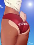  anthro bottomwear butt cervid cervine cherrybxnnie clothed clothing cloud english_text female fluffy fluffy_tail hazel hi_res lens_flare lifeguard mammal outside rear_view signature solo sun swimwear text text_on_bottomwear text_on_clothing 