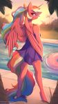 2020 absurd_res anthro clothing detailed_background digital_media_(artwork) equid eyebrows fan_character feathered_wings feathers female fensu-san fingers hasbro hi_res horn looking_at_viewer mammal my_little_pony outside poolside smile solo text url water winged_unicorn wings 