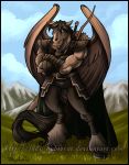  anthro armor arrow blacksilver bow clothed clothing cybercat equid equine horse landscape male mammal melee_weapon mountain pegasus pose solo sword weapon wings 