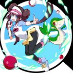  1girl black_legwear blue_eyes bow breasts brown_hair commentary_request double_bun gen_5_pokemon highres holding holding_poke_ball index_finger_raised legwear_under_shorts long_hair looking_at_viewer mei_(pokemon) open_mouth pantyhose pink_bow poke_ball poke_ball_(basic) pokemon pokemon_(creature) pokemon_(game) pokemon_bw2 raglan_sleeves sakuraidai shirt shoes short_shorts short_sleeves shorts smile sneakers snivy starter_pokemon twintails very_long_hair visor_cap yellow_shorts 
