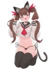  1girl :d absurdres animal_ear_fluff animal_ears black_choker black_legwear black_panties blue_eyes blush breast_pocket breasts brown_hair cat_ears cat_girl cat_tail choker crop_top crop_top_overhang extra_ears eyebrows_visible_through_hair fang fingernails hair_ribbon hands_up highres holding holding_hair kneeling long_hair long_sleeves navel neckerchief no_pants no_shoes open_mouth original panties pocket rabbit_(wlsdnjs950) red_neckwear ribbon sailor_collar sailor_shirt sharp_fingernails shirt side-tie_panties simple_background skindentation smile solo stomach string_panties tail thighhighs thighs twintails underwear white_background white_shirt 