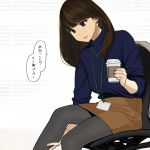 bangs black_legwear blunt_bangs brown_eyes brown_hair chair cup disposable_cup earrings highres id_card jewelry lanyard nail_polish office_chair original pantyhose speech_bubble sweater translation_request turtleneck turtleneck_sweater yomu_(sgt_epper) 