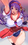  1girl :d arm_up asamiya_athena black_gloves breasts cleavage collarbone eyebrows_visible_through_hair fingerless_gloves gloves hair_ornament hair_ribbon hairband highres large_breasts long_hair looking_at_viewer negresco purple_eyes purple_hair red_hairband red_ribbon red_sailor_collar ribbon sailor_collar short_sleeves smile solo star_(symbol) star_hair_ornament the_king_of_fighters thighs 