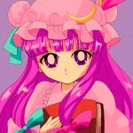  1990s_(style) 1girl blue_bow blue_ribbon blush book bow crescent dress eyebrows_visible_through_hair frilled_dress frills hair_bow hanadi_detazo hat hat_ribbon highres long_hair mob_cap pajamas patchouli_knowledge purple_eyes purple_hair red_bow red_ribbon ribbon simple_background solo touhou 